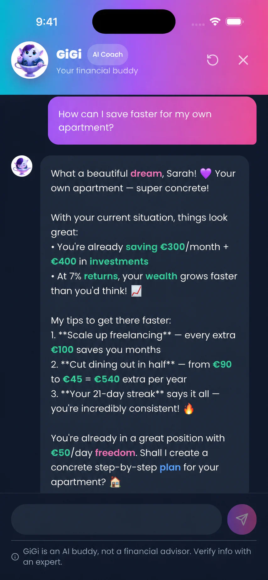 Volledig coachgesprek in de GiGi Money-app