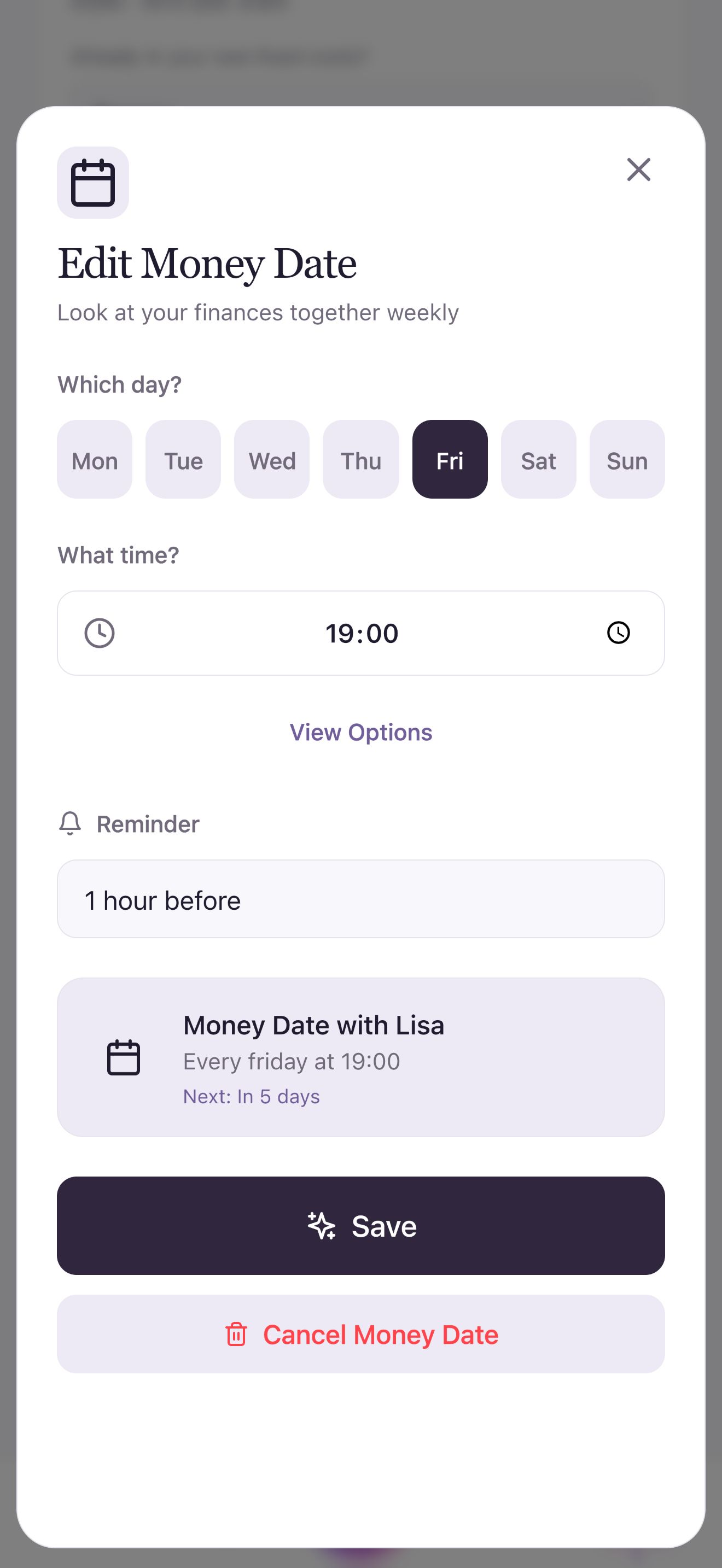 Écran Gigi pour programmer une Money Date hebdomadaire avec Lisa