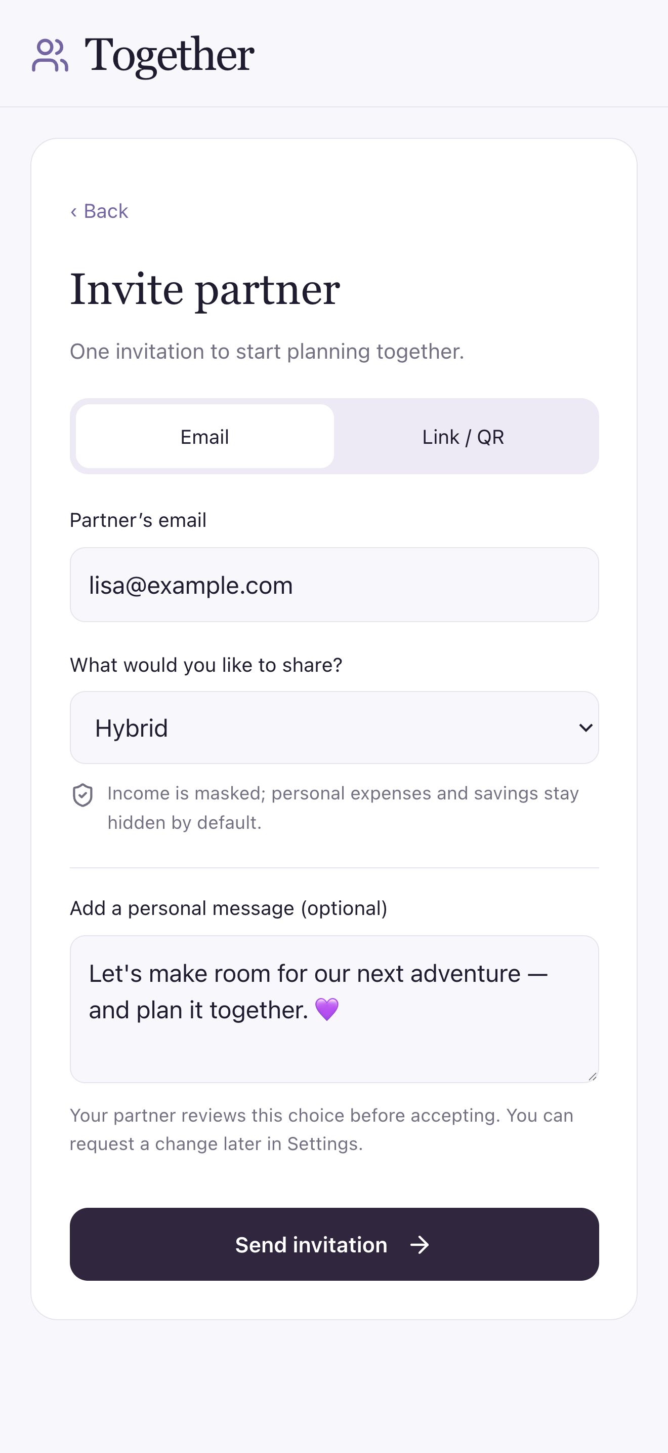 Invitation Gigi par e-mail ou lien et QR avec le partage Hybride sélectionné