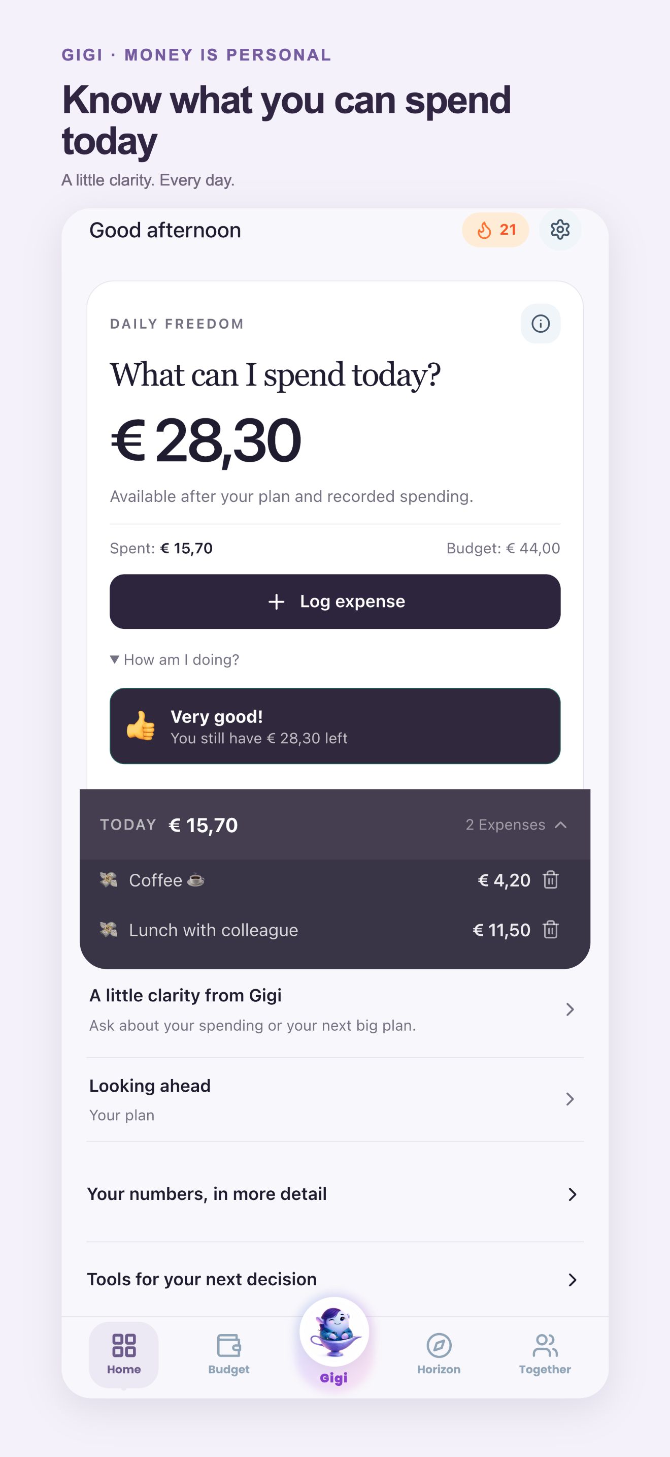Licht Daily Freedom-scherm met €28,30 beschikbaar, €15,70 uitgegeven en een dagbudget van €44
