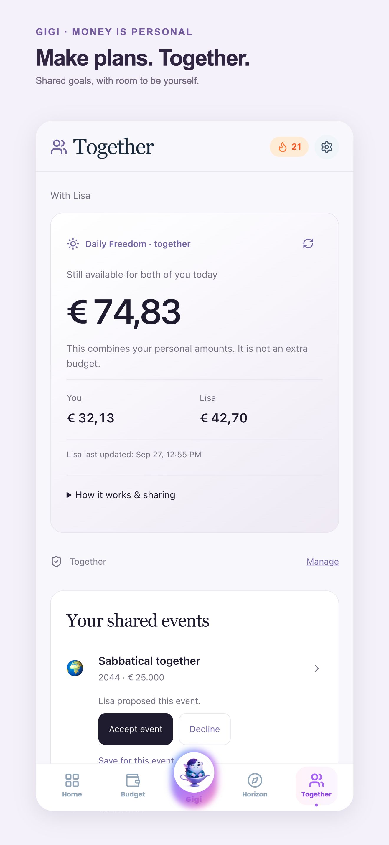 Together dans l’app avec les montants personnels et les projets partagés