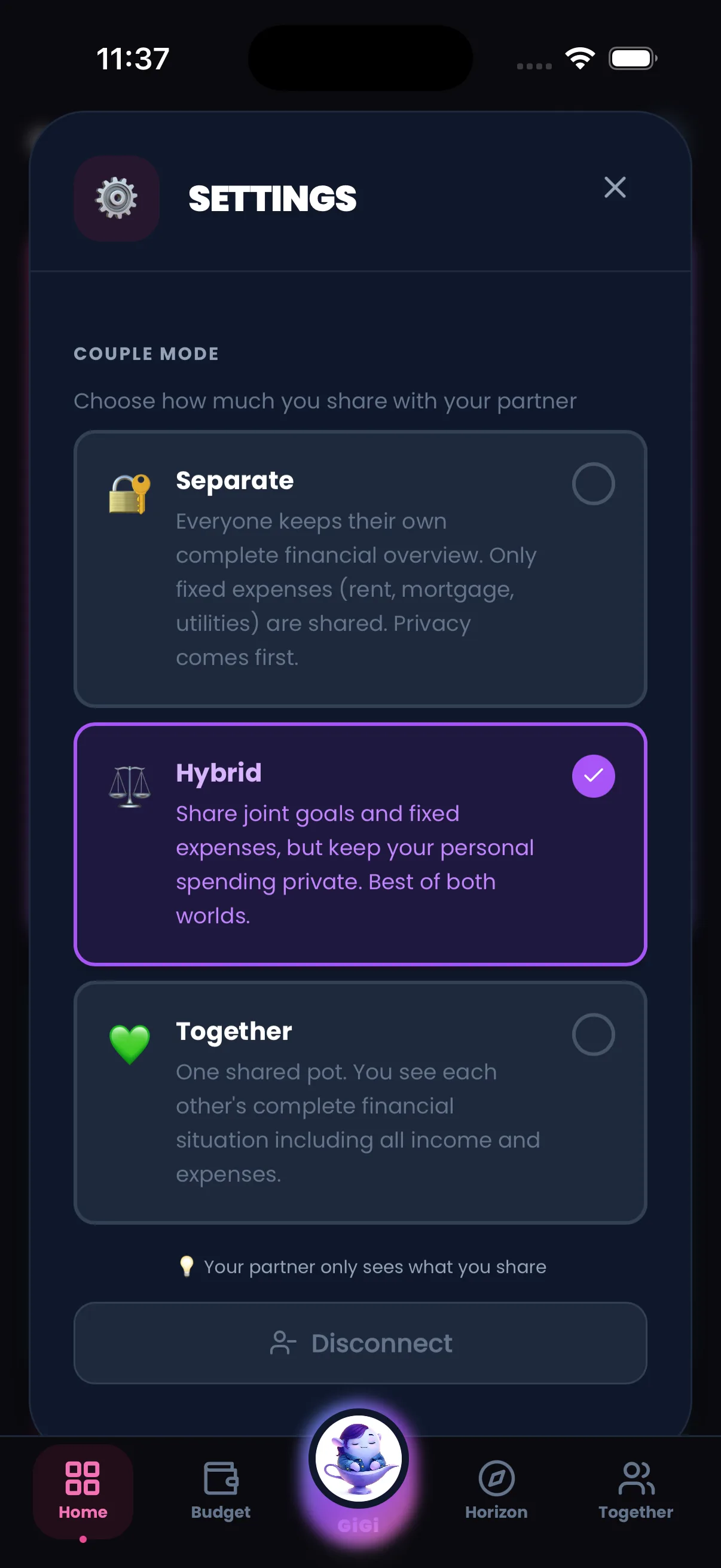 Privacy settings — Separate, Hybrid, Together